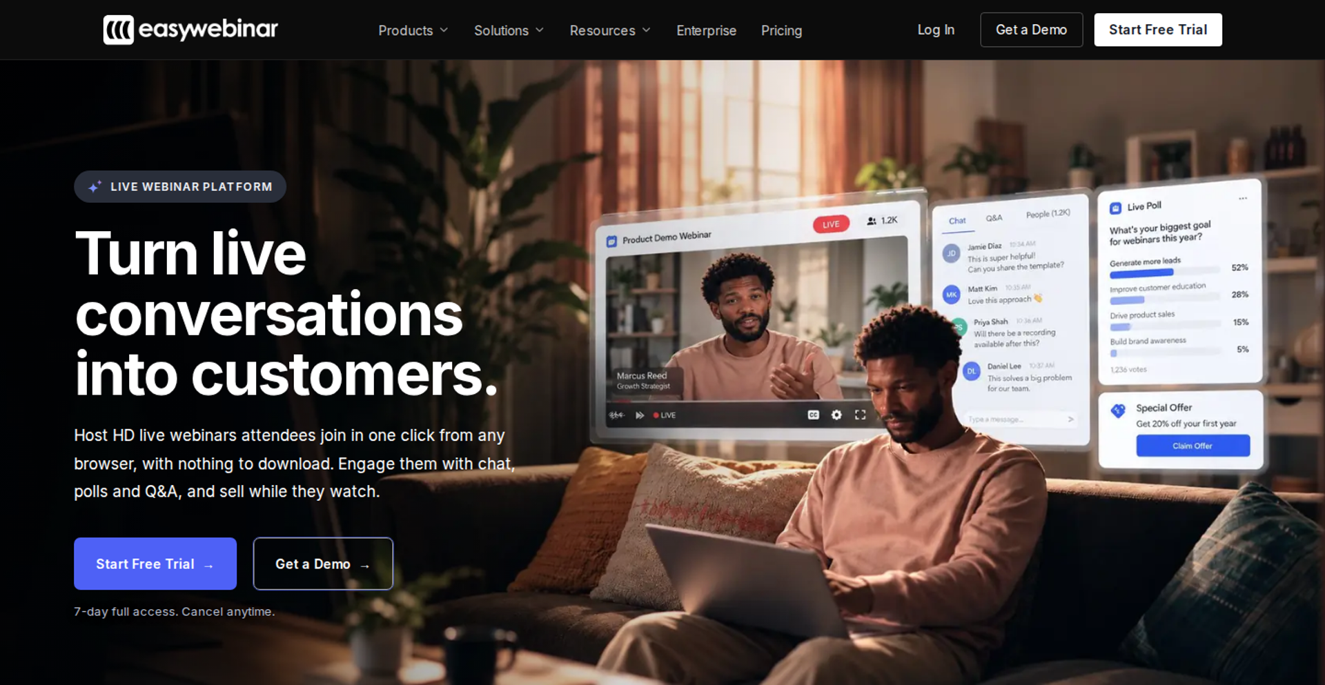 EasyWebinar Live Webinars page: headline Turn live conversations into customers beside a live room with chat and polls