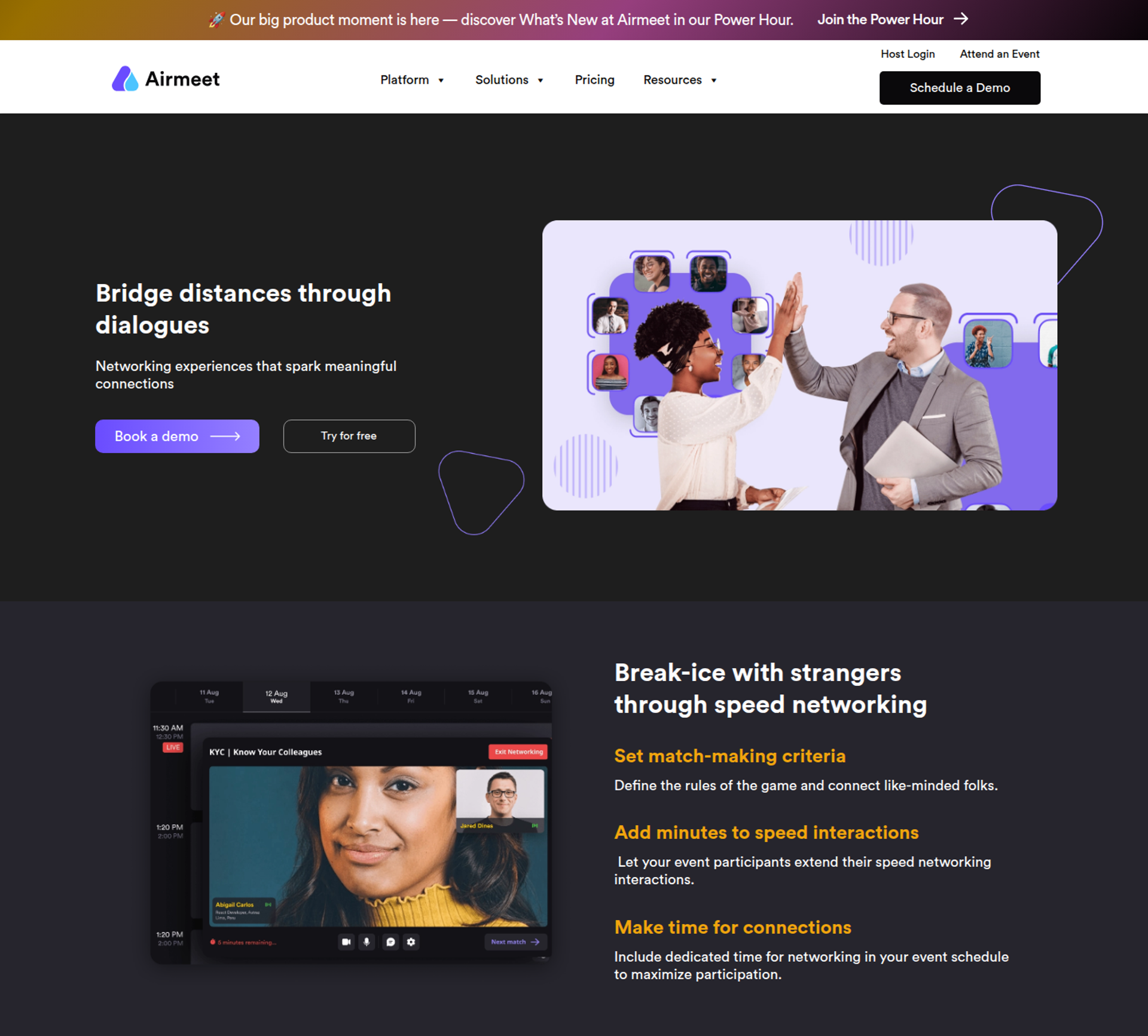 Airmeet networking page with Bridge distances through dialogues headline and speed networking feature with video call