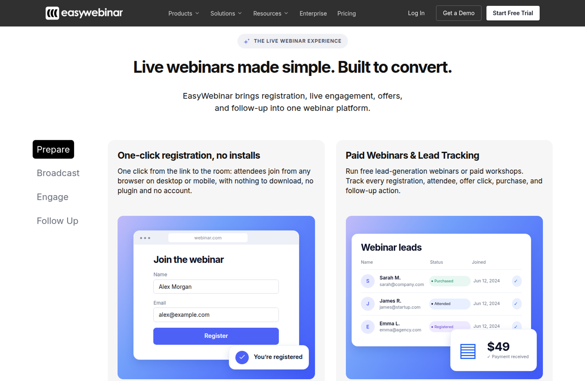 EasyWebinar live webinars page with one-click registration form and paid webinar lead tracking table with $49 payment