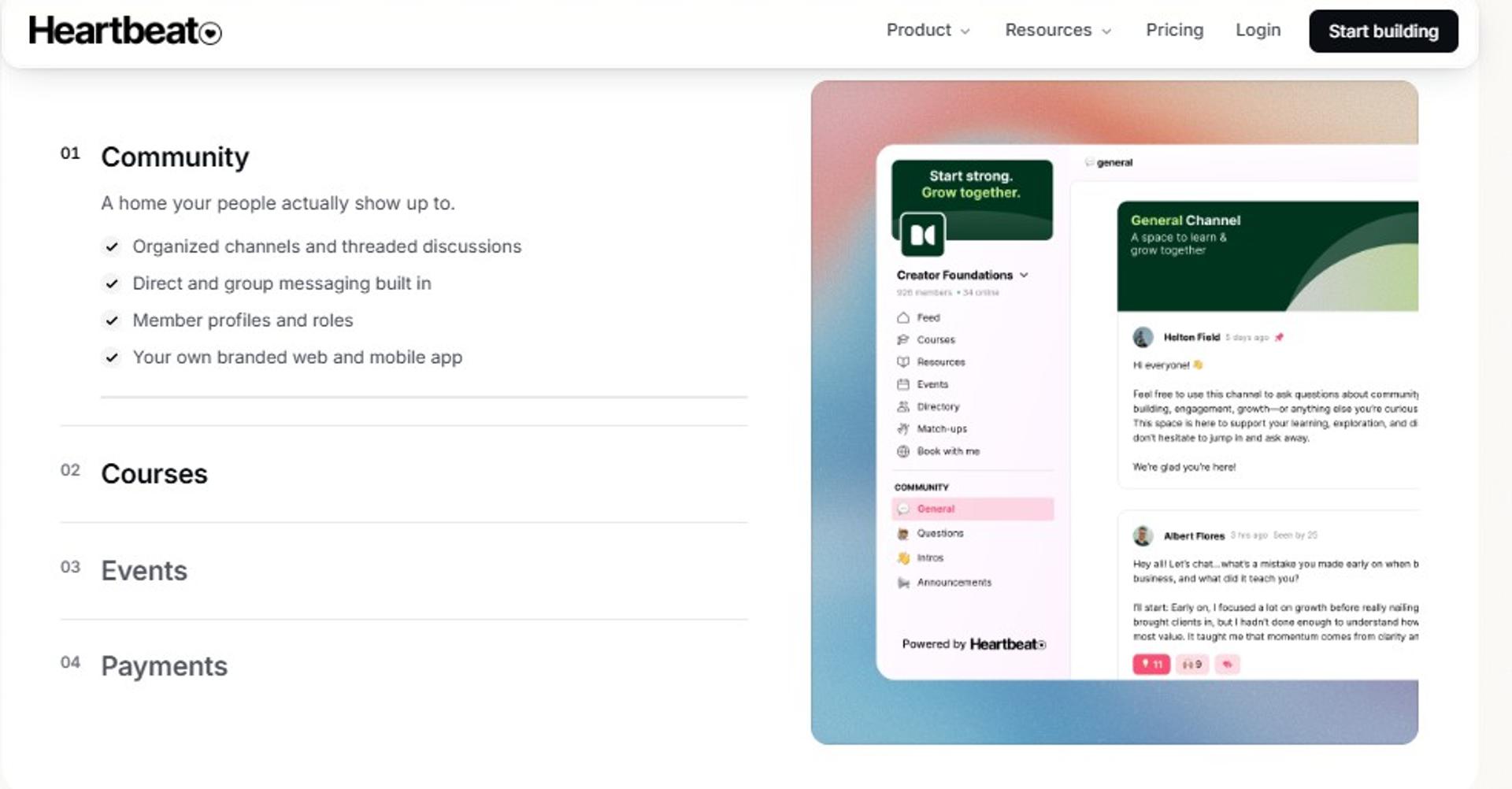 Heartbeat community dashboard with channels, courses, events, and payments modules for cohort programmes