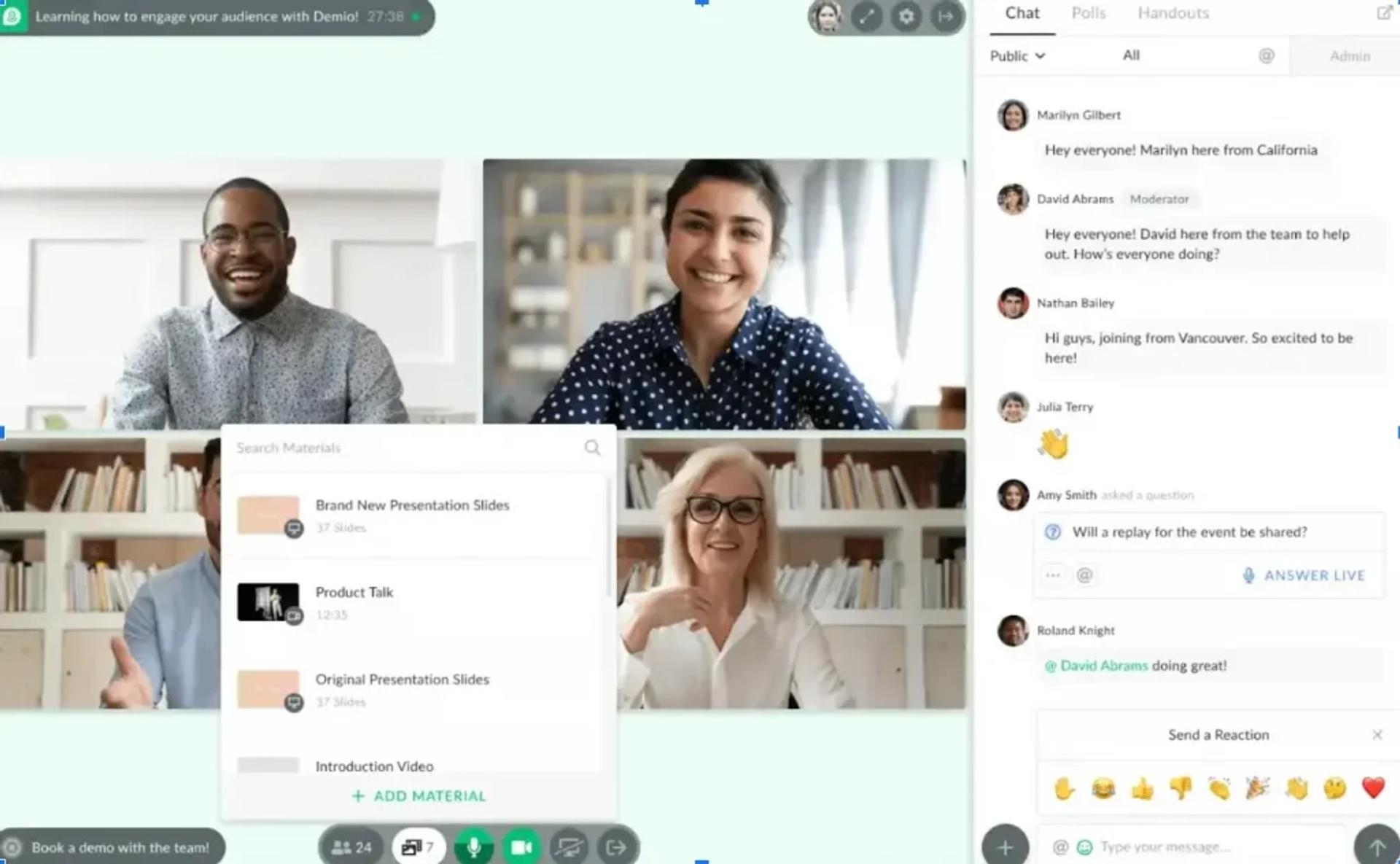 Demio live webinar dashboard with two hosts, presentation picker, screen-share options, attendee chat, and reaction emojis.