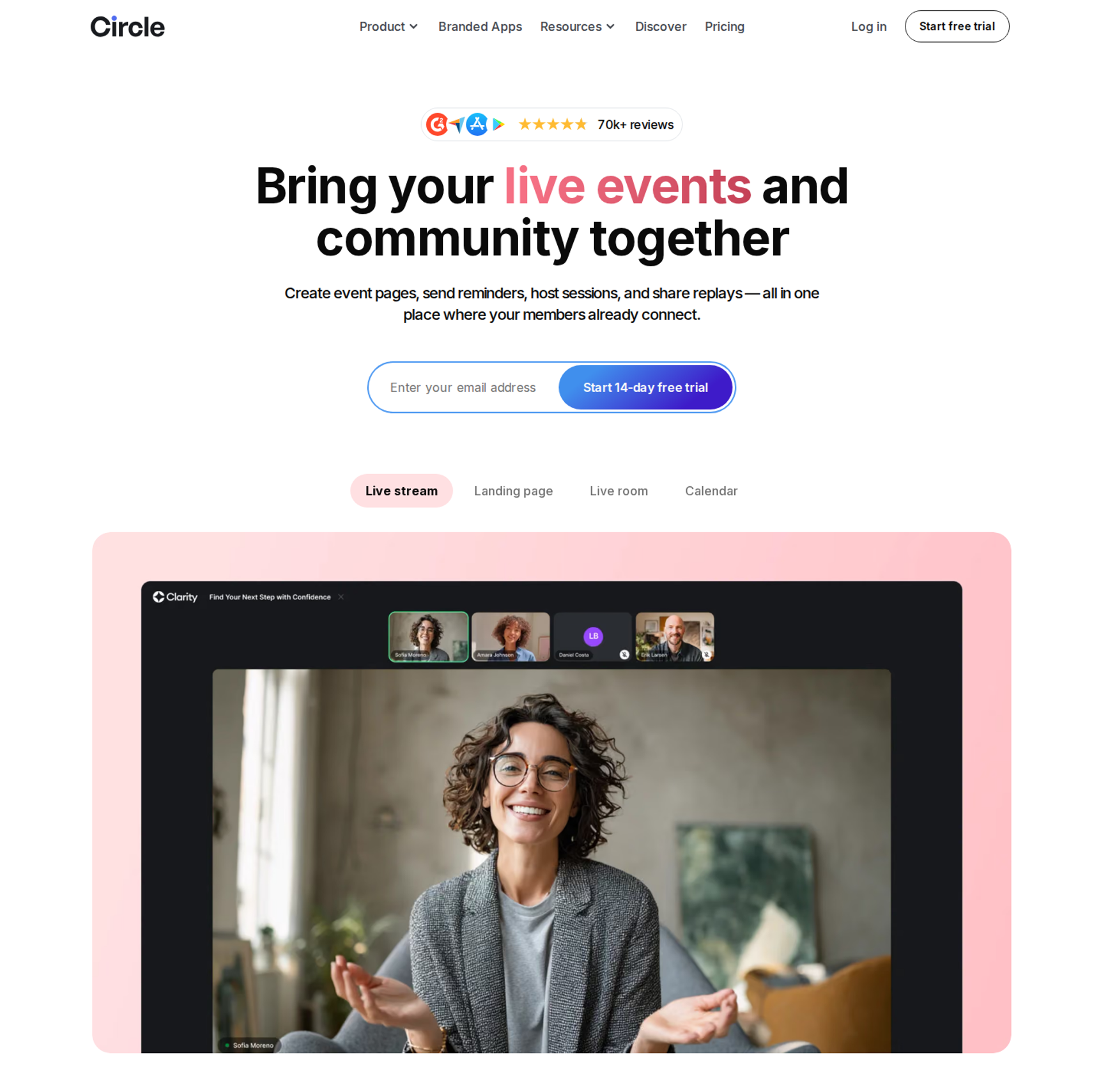 Circle events page with the headline "Bring your live events and community together" above a live stream view