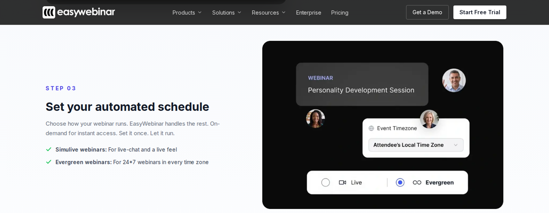 EasyWebinar automated schedule section with Live and Evergreen toggle and attendee local time zone setting