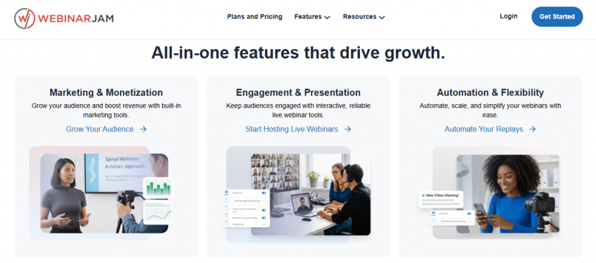 WebinarJam features page highlighting marketing monetization, live engagement, and automated replay tools