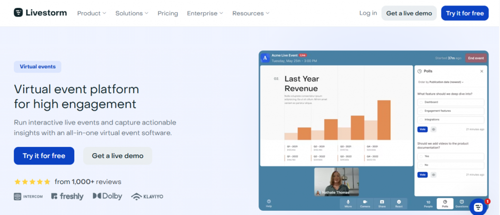Livestorm live event interface with interactive polls and Q&A panel driving high webinar audience engagement
