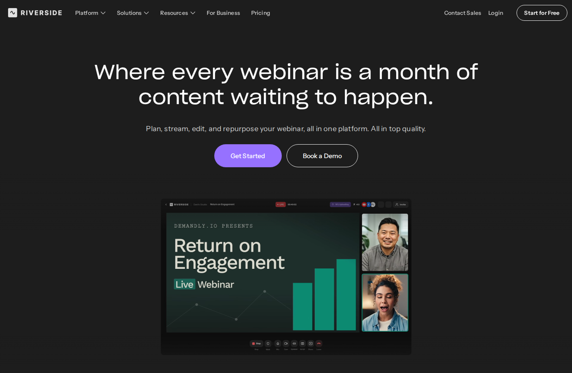 Riverside webinars page headline above a webinar interface showing a Return on Engagement slide and two speakers