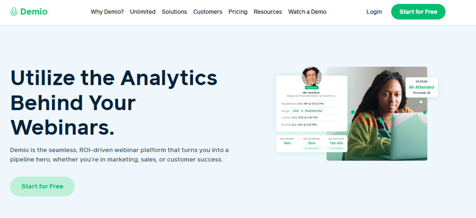 Demio homepage showcasing ROI-driven webinar analytics dashboard with attendee tracking for marketing and sales teams