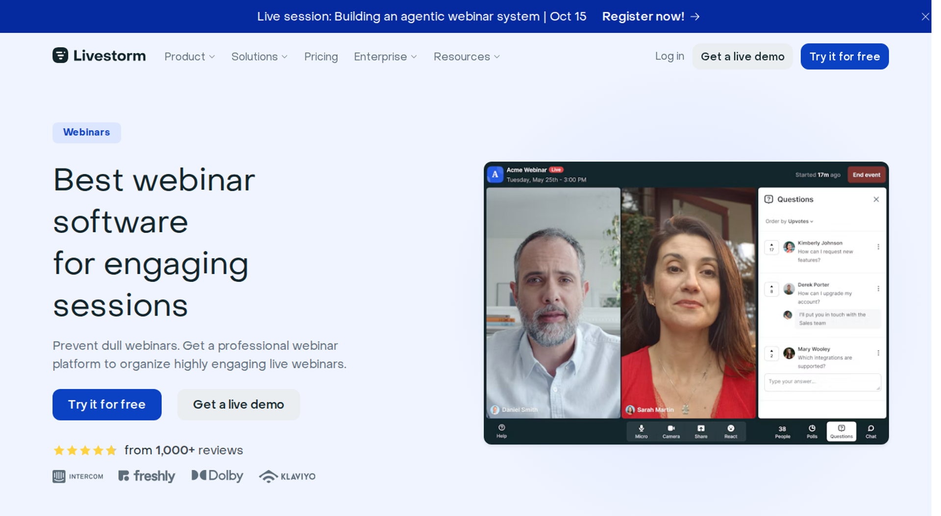 Livestorm webinar page with headline on the left and a live session with a Questions panel on the right