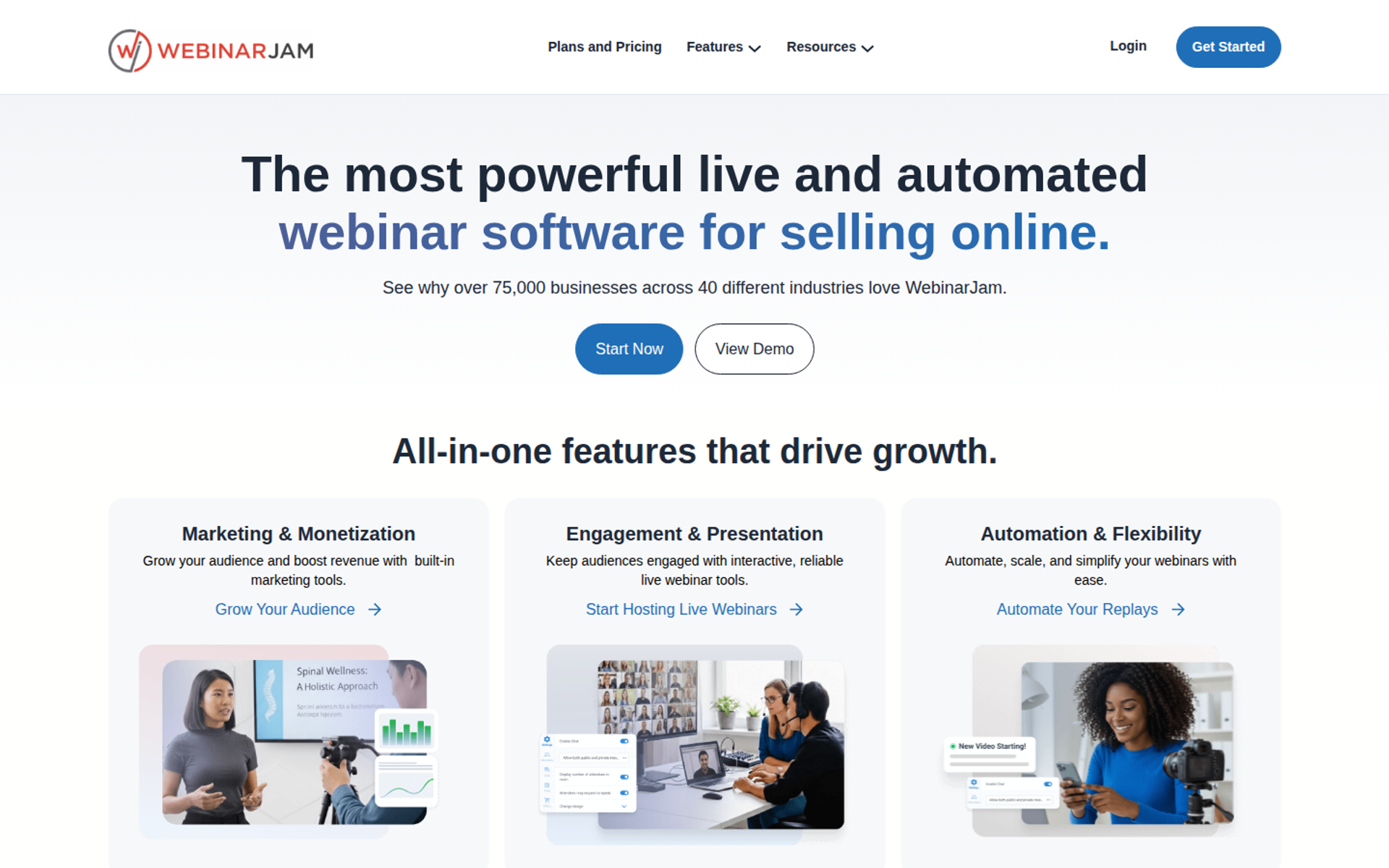 WebinarJam homepage headline about live and automated webinar software for selling online above three feature cards