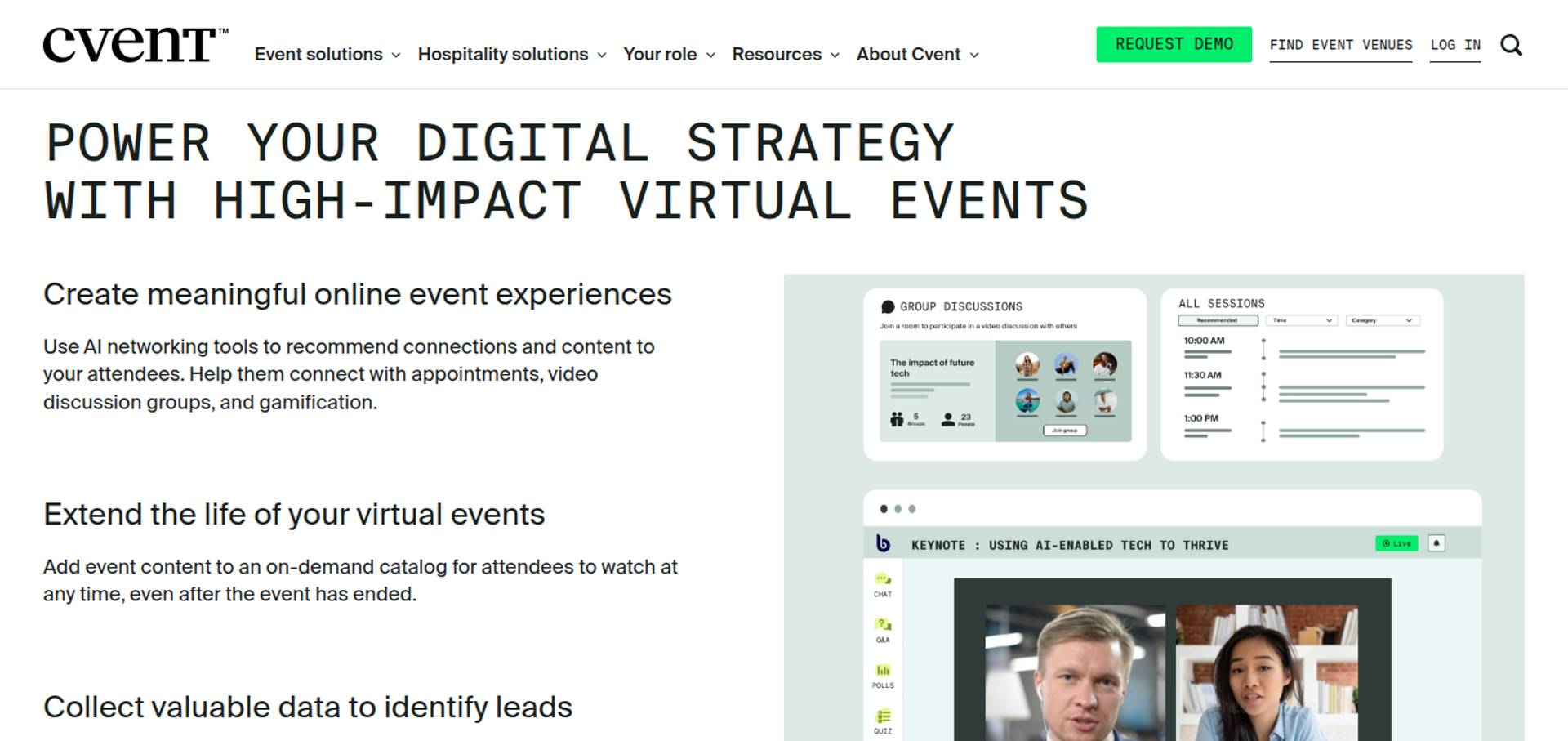 Cvent virtual event platform section on high-impact virtual events with networking and video session screenshots