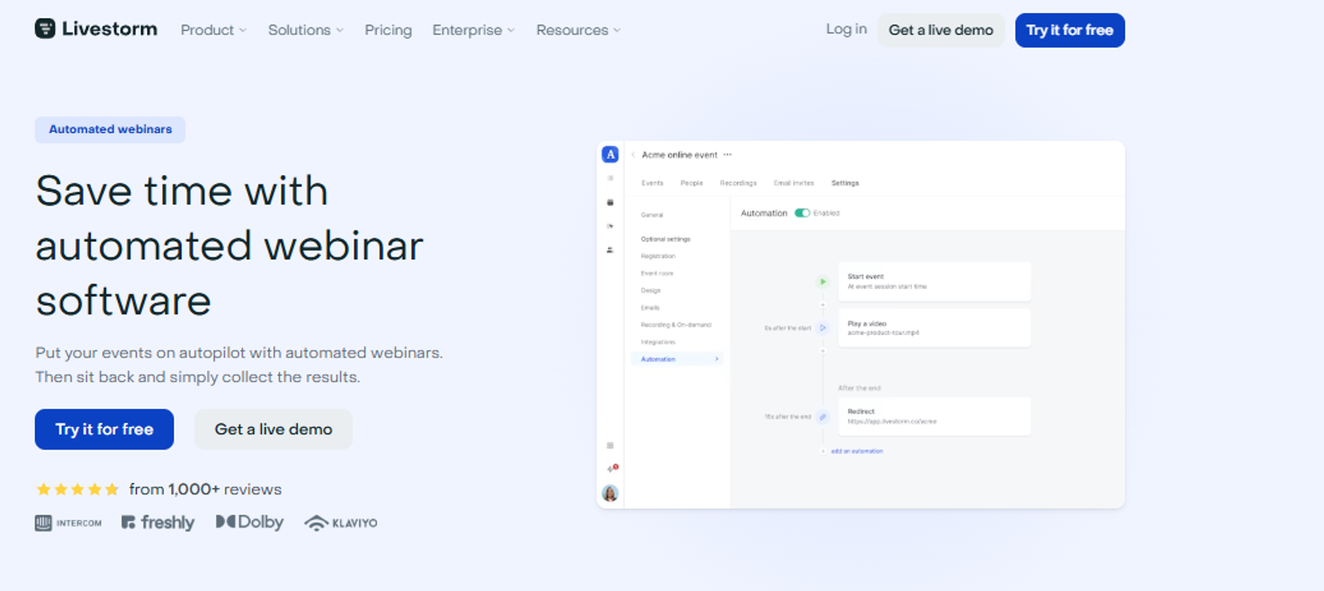 Livestorm automation builder showing event triggers and workflow settings for webinargeek alternatives
