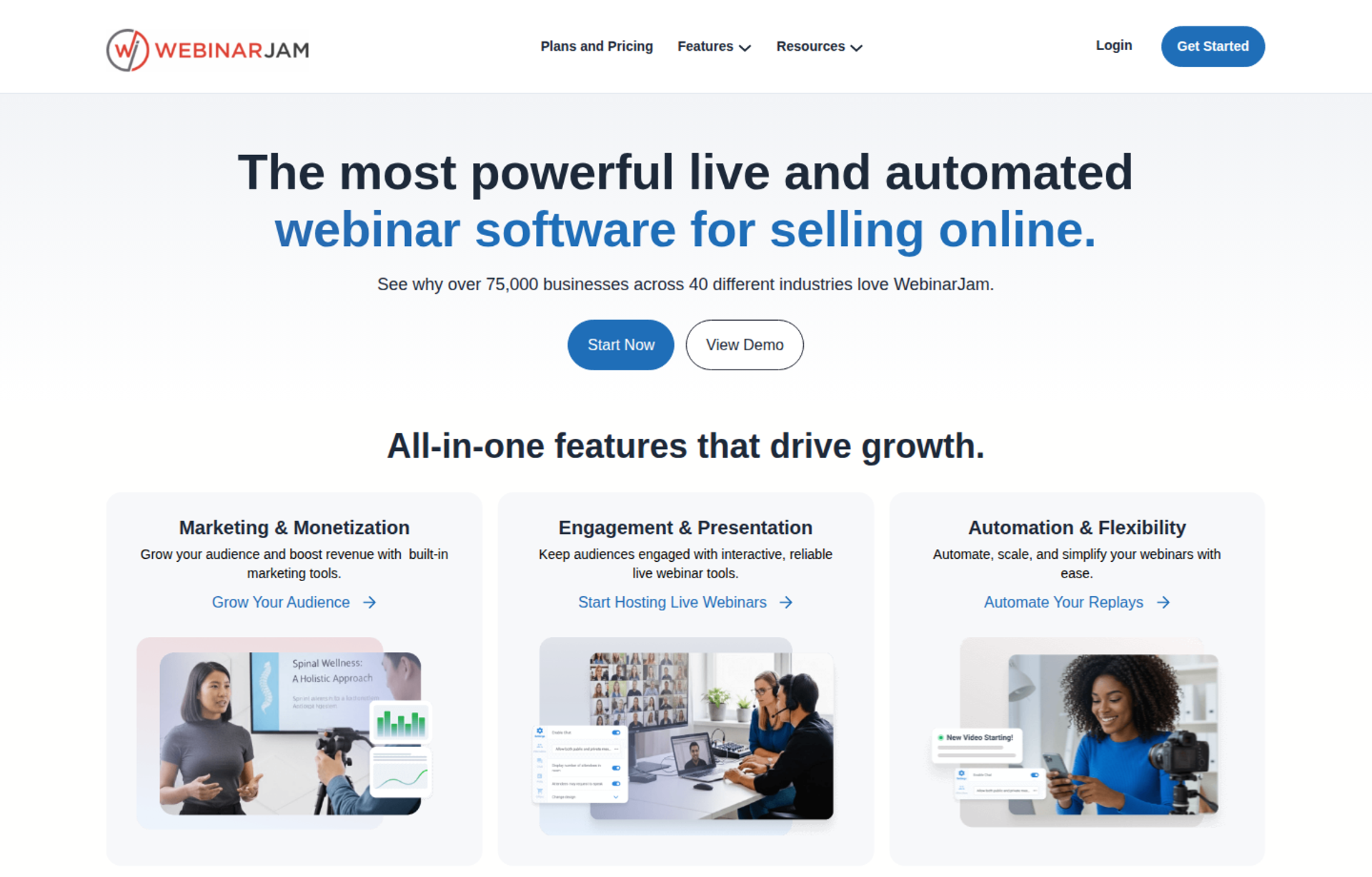 WebinarJam homepage headline above three feature cards for monetization, engagement, and automation