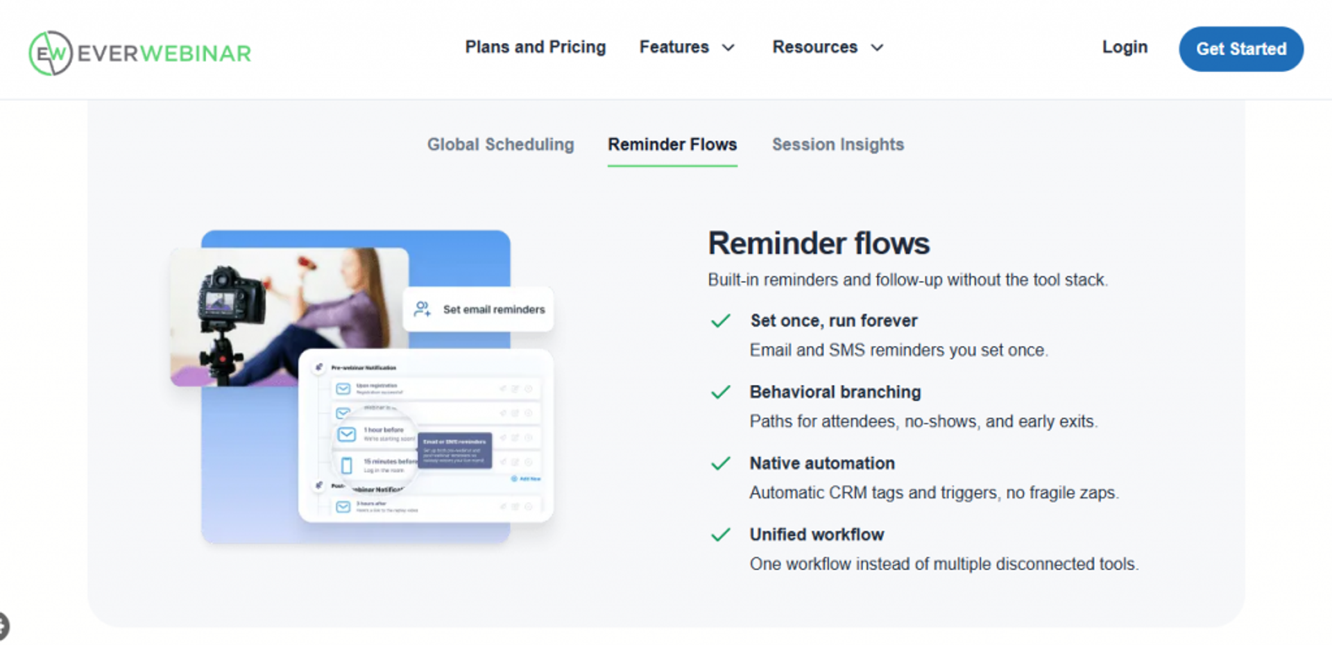 EverWebinar reminder flows showing set-once email and SMS follow-up with behavioral branching and native CRM automation