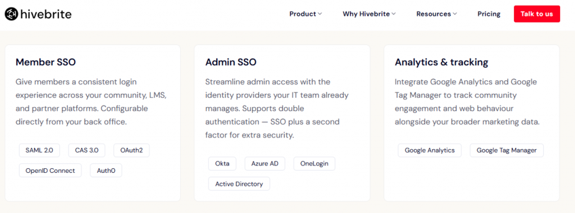  Hivebrite community engagement platform showing Member SSO, Admin SSO, and analytics tracking options