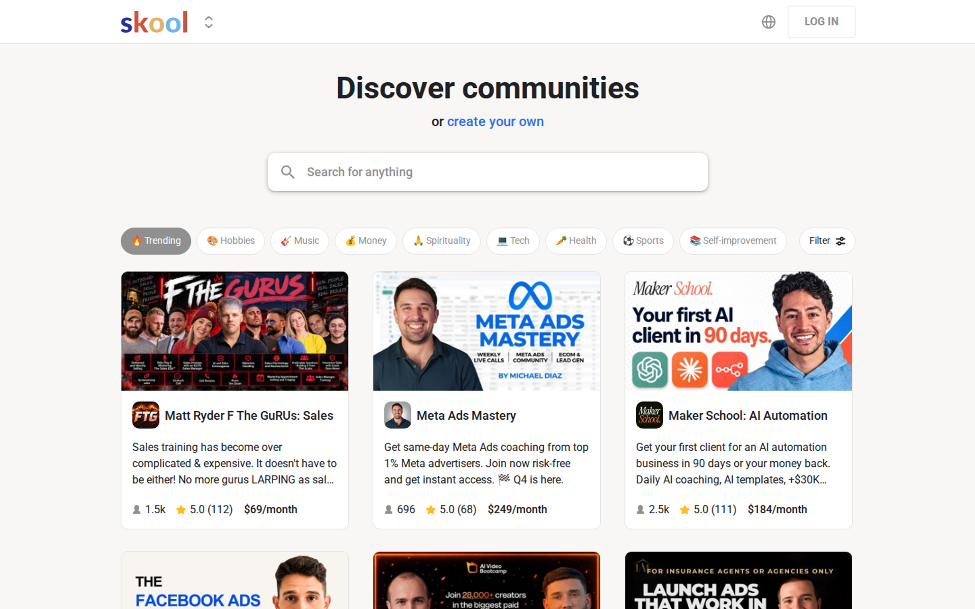 Skool Discover communities page showing paid community cards with ratings and monthly prices