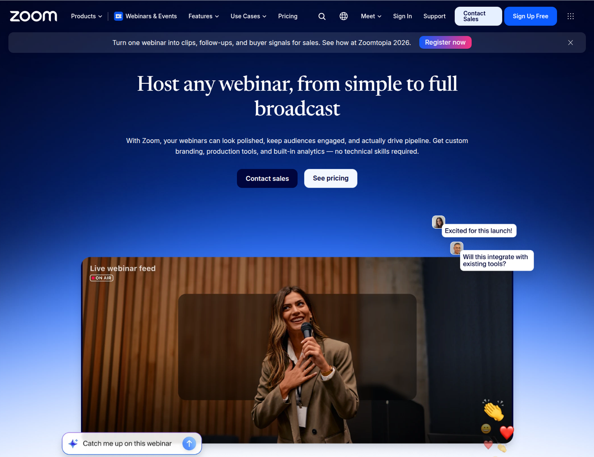 Zoom Webinars product page showing the Zoom logo, the headline Host any webinar, from simple to full broadcast, and a live webinar feed