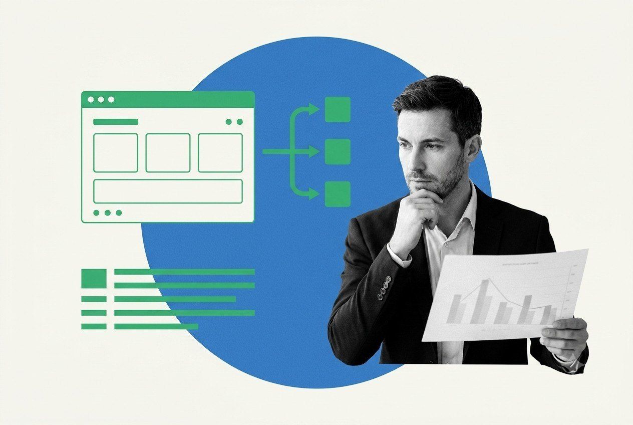 Marketing professional reviewing a pricing chart beside a webinar plan comparison layout and tier selection flow