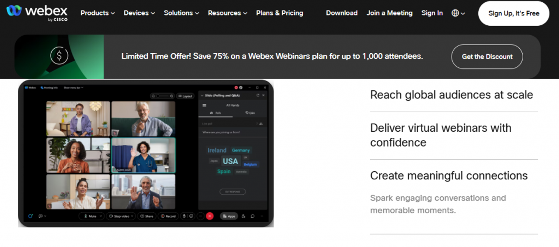 Webex Webinars page advertising a plan for up to 1,000 attendees with global reach and polling