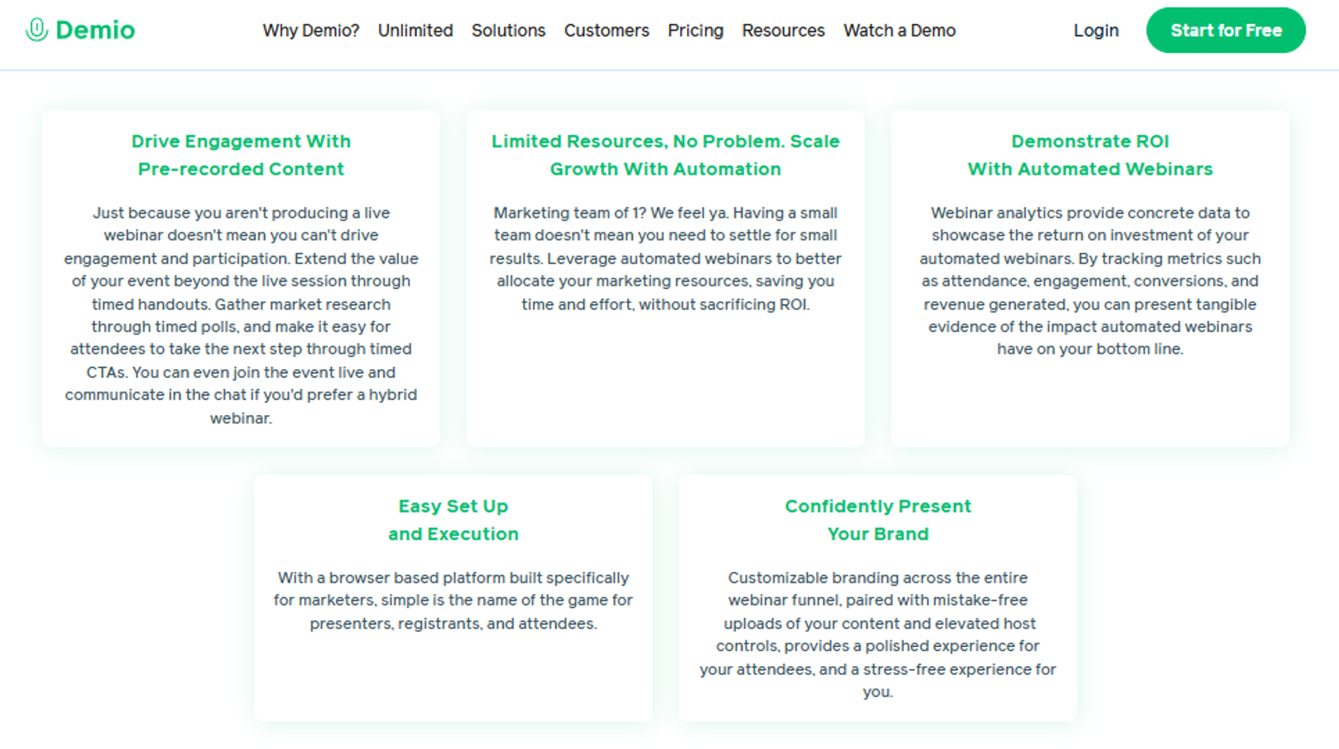 Demio feature grid covering pre-recorded engagement, automation scaling, ROI analytics, easy setup and branded webinars