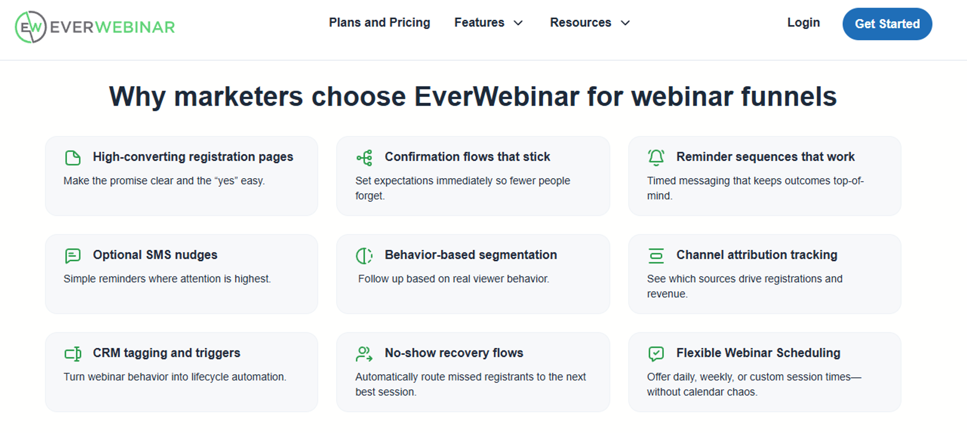 EverWebinar funnel features including registration pages and behavior-based segmentation