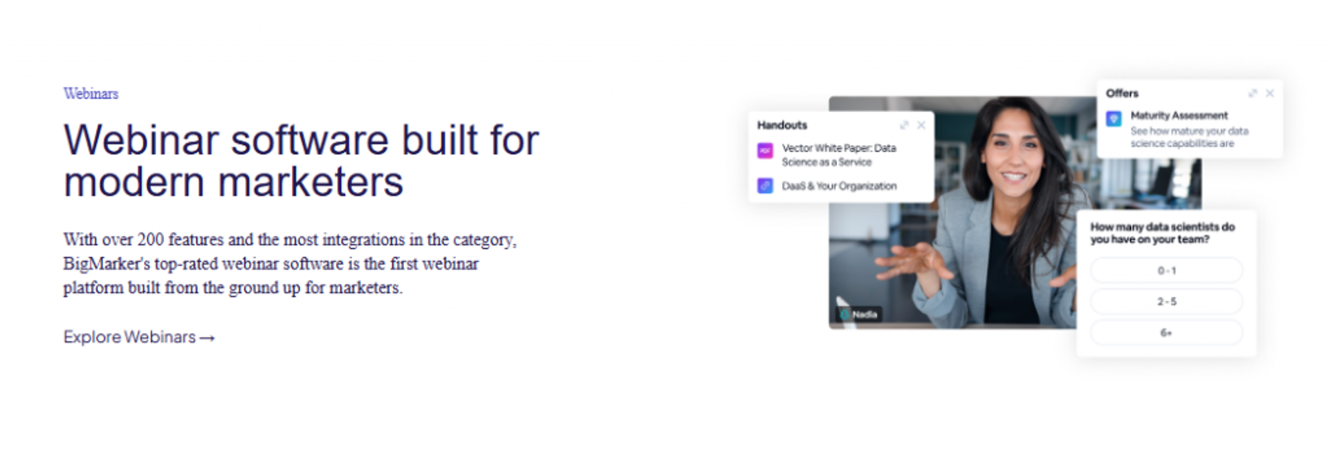 BigMarker webinar software built for marketers, showing in-session handouts, offers, and interactive poll engagement