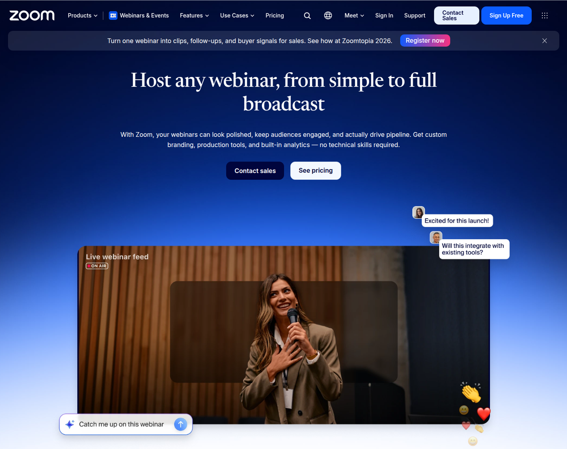 Zoom Webinars page with Host any webinar headline and a live webinar feed showing a presenter on air