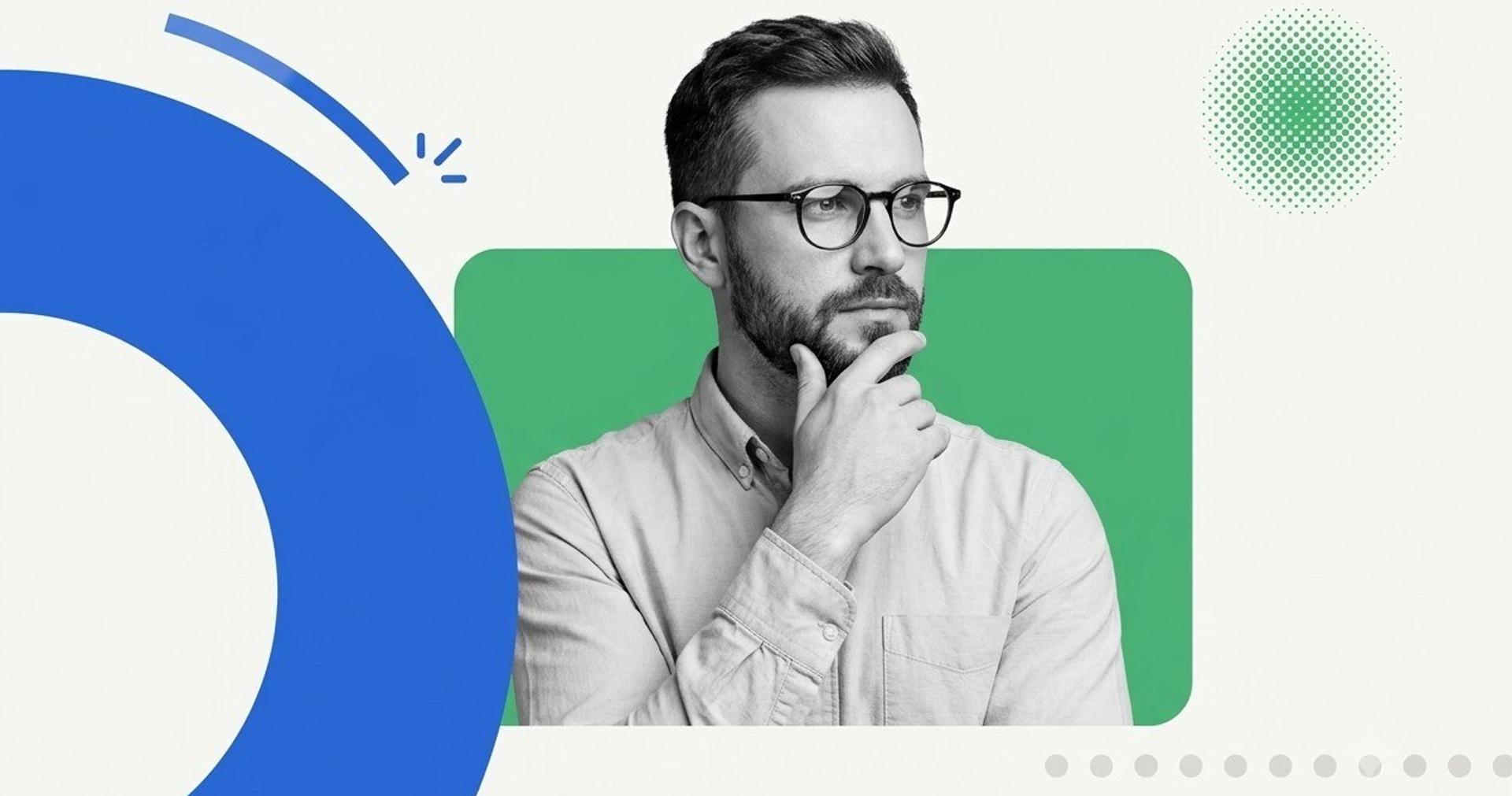 Bearded man in glasses thinking, hand on chin, reviewing WebinarJam pricing plans before choosing a webinar platform
