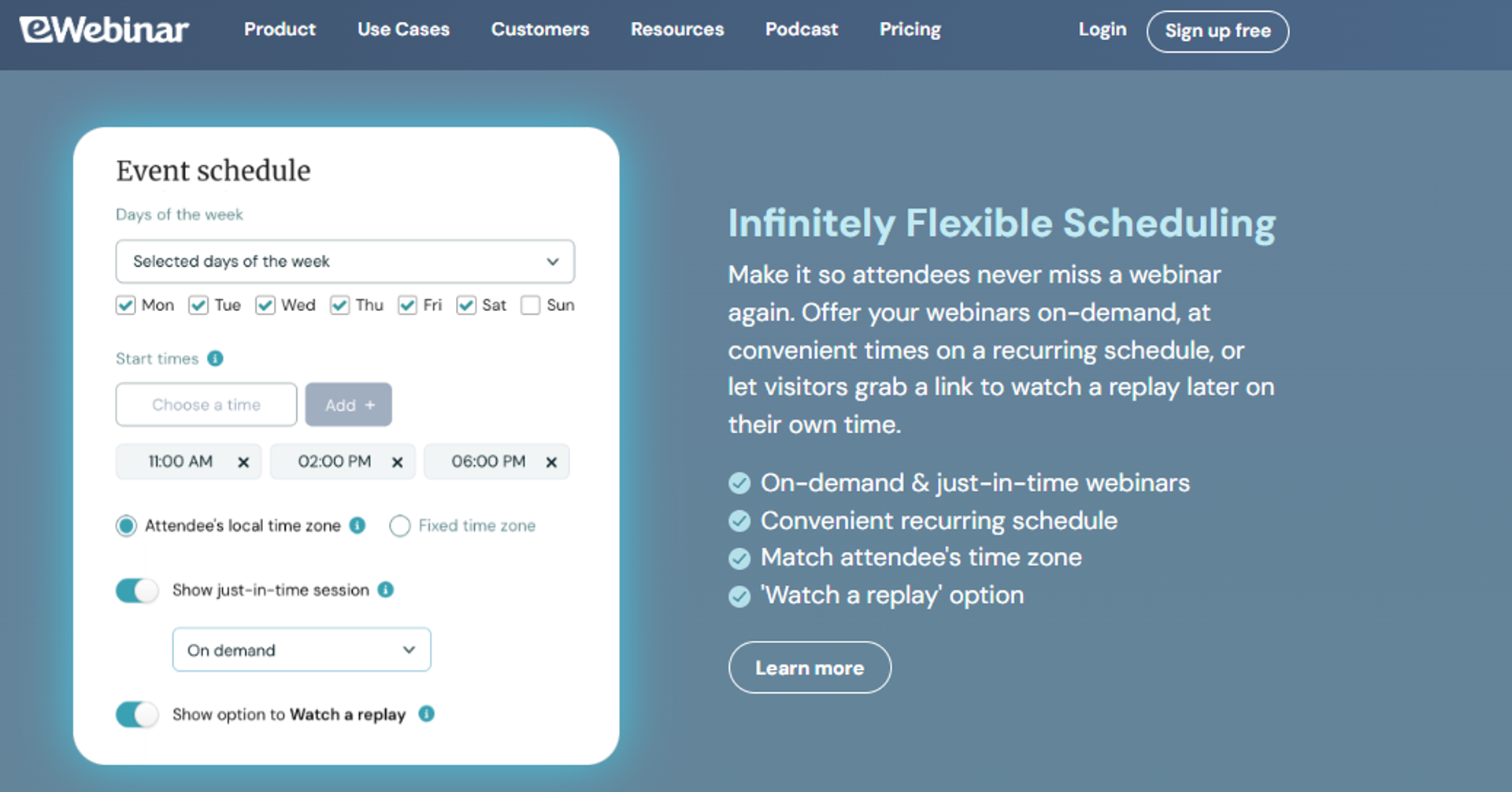 eWebinar scheduling panel with flexible recurring and on-demand webinar times