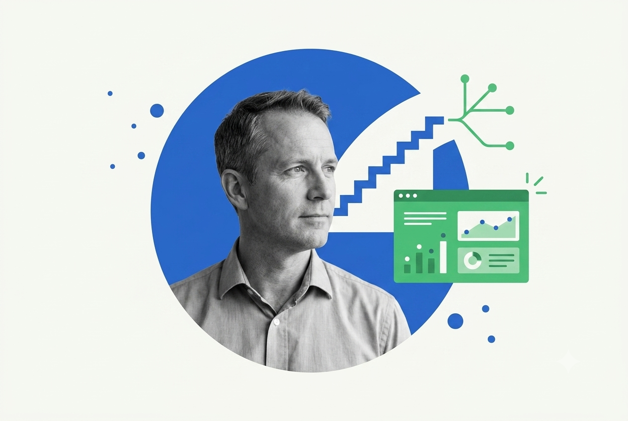 Enterprise IT leader beside an ascending step graph and webinar analytics dashboard with network nodes