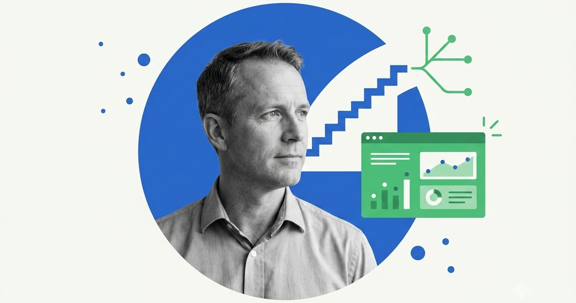 Enterprise IT leader beside an ascending step graph and webinar analytics dashboard with network nodes