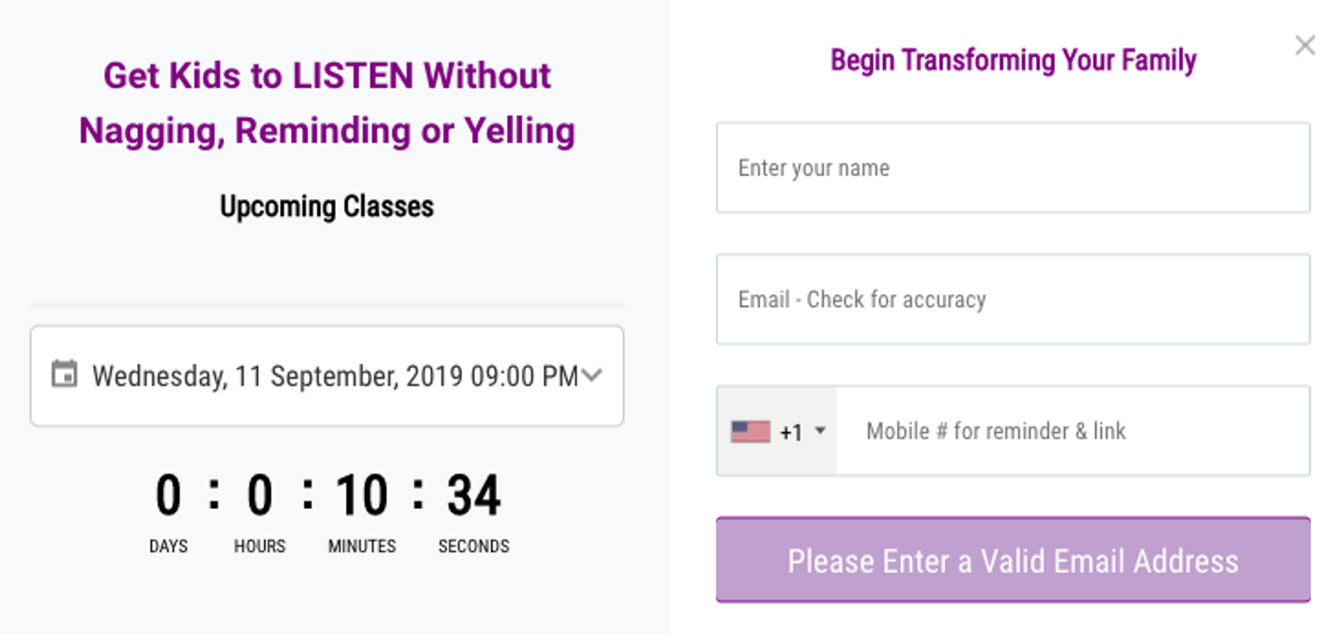 Amy Mcready registration form on EasyWebinar