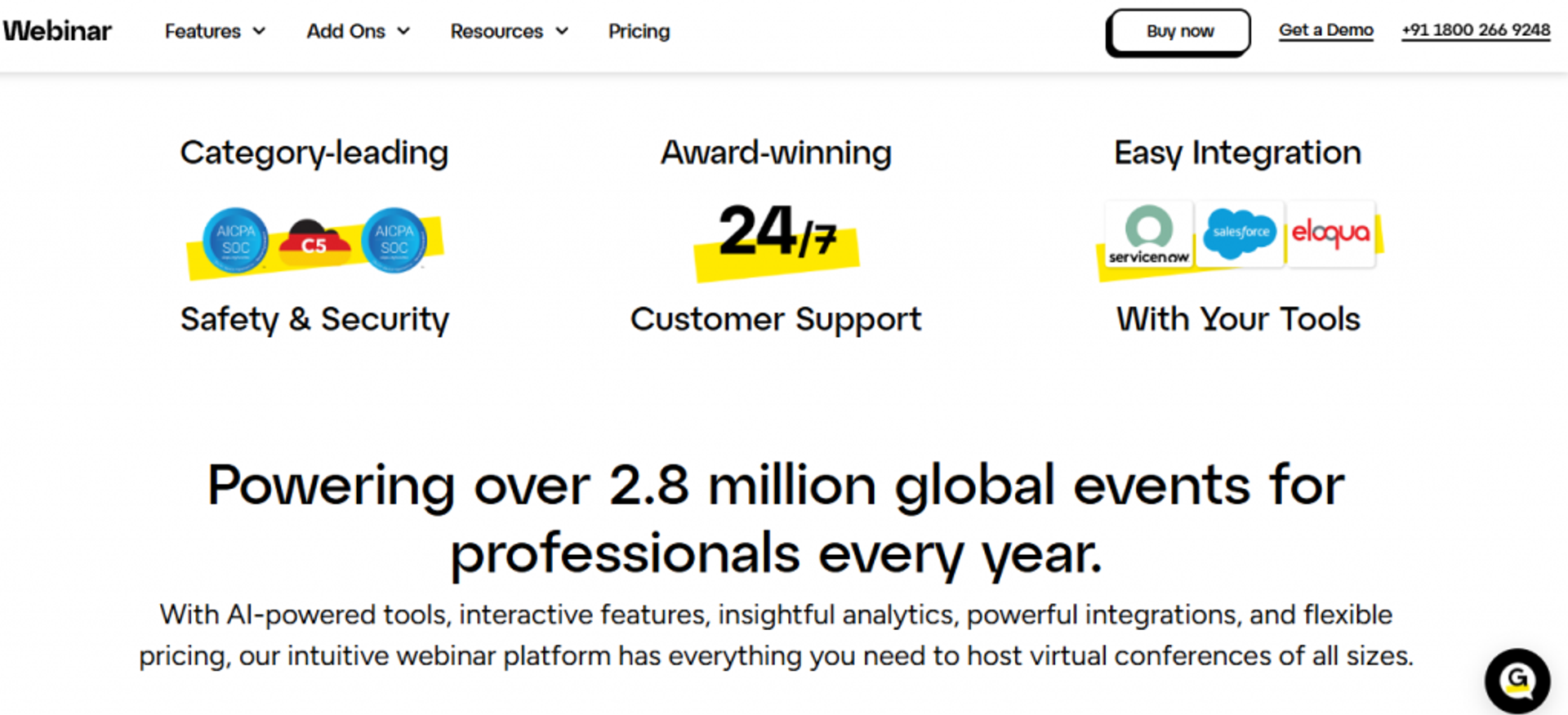 GoTo Webinar feature highlights showing safety, 24/7 support, integrations, and 2.8 million global events yearly