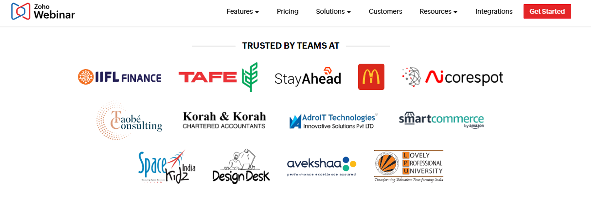 Zoho Webinar customer logos including IIFL Finance, TAFE, and McDonald's