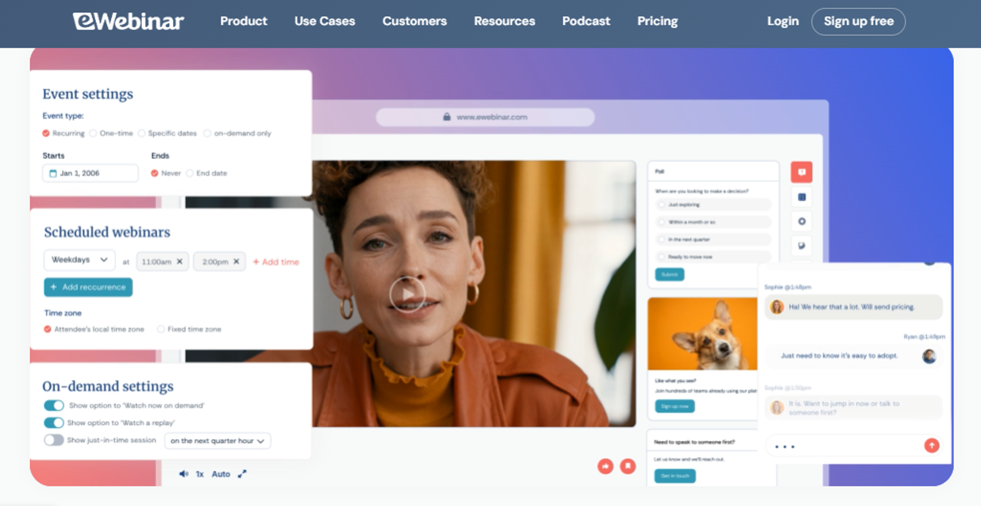 eWebinar event settings interface with scheduled and on-demand webinar options