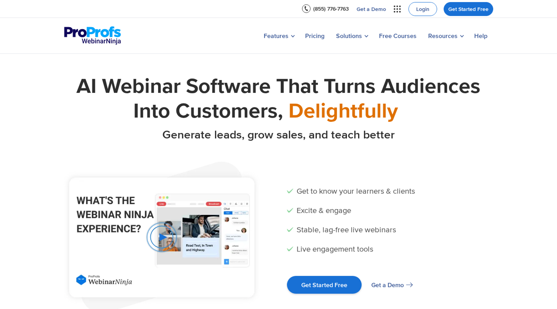 WebinarNinja by ProProfs headline AI Webinar Software That Turns Audiences Into Customers with a product preview
