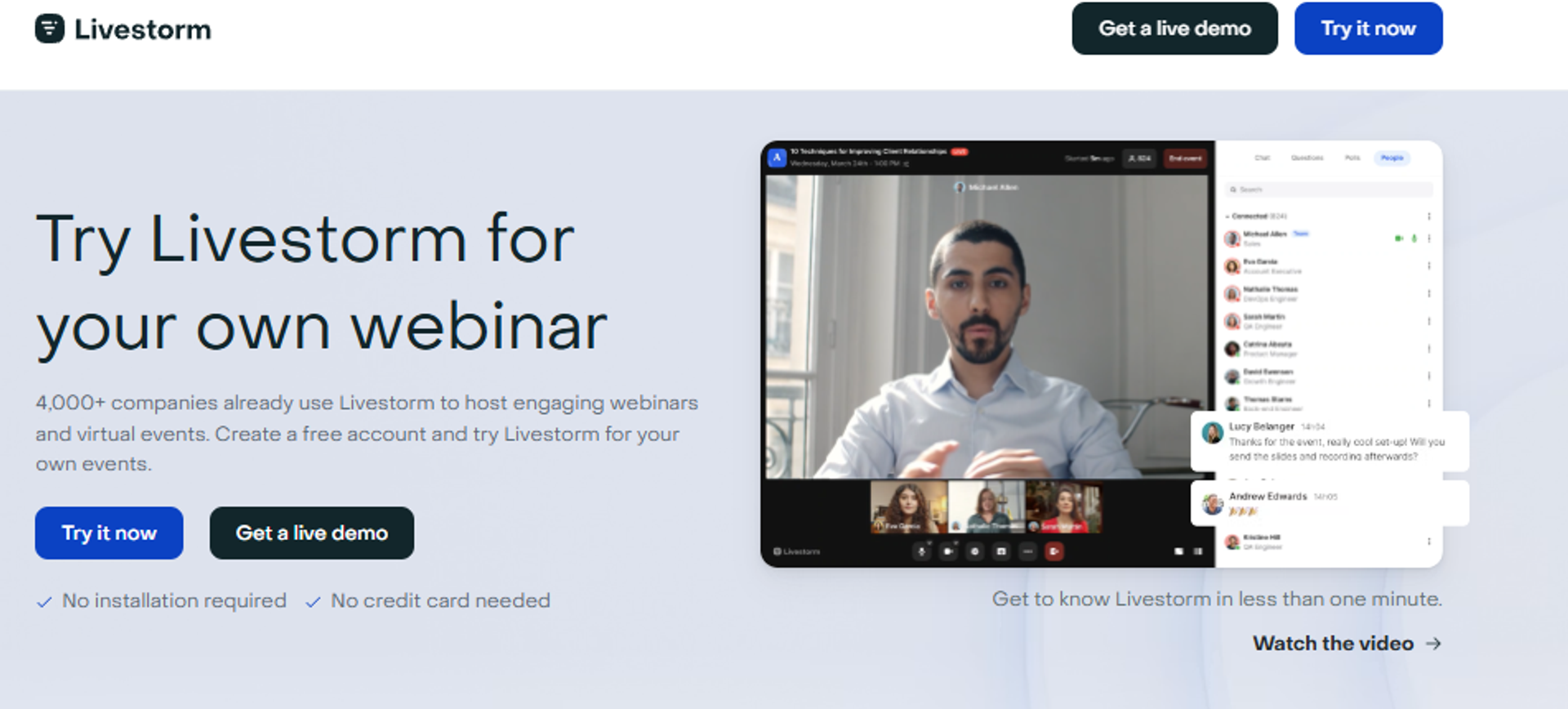 Livestorm homepage promoting browser-based webinars with no installation, live chat, and engagement features