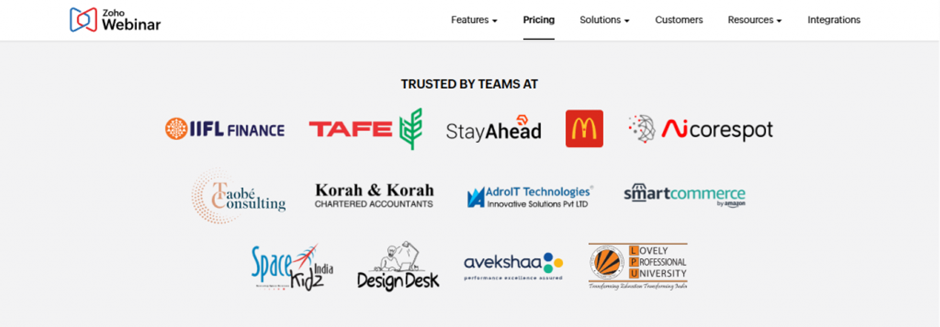 Zoho Webinar pricing page showing trusted enterprise brand logos like IIFL Finance and TAFE