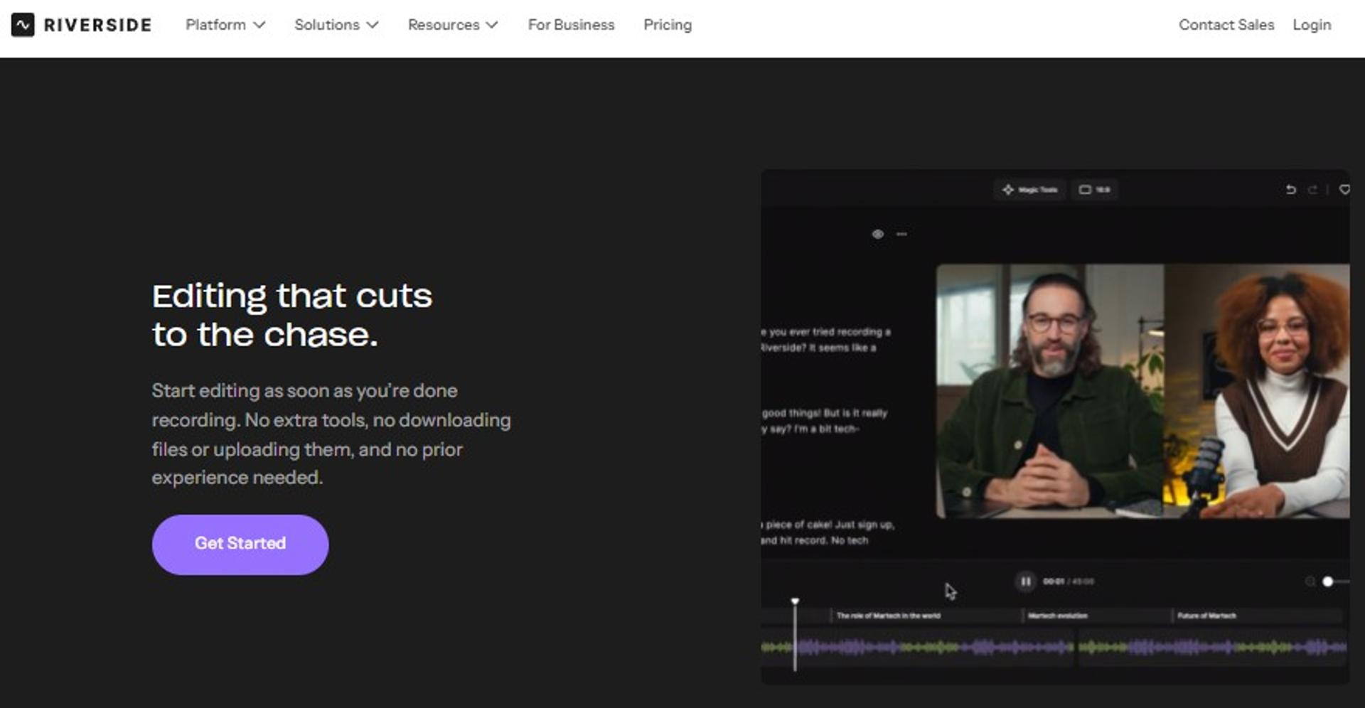 Riverside editing interface trimming a two-guest video podcast recording on a waveform timeline