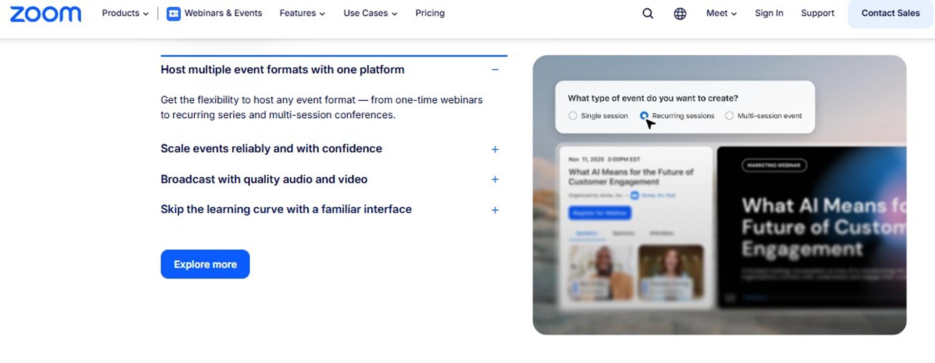 Zoom Webinars and Events page showing single session, recurring series, and multi-session event formats