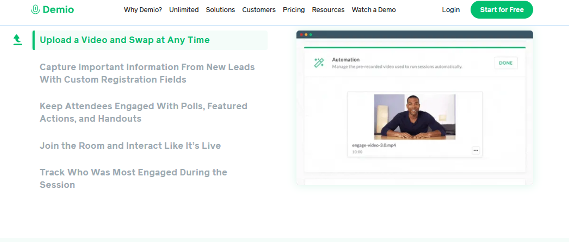 Demio automated webinar setup showing video upload, custom registration fields, polls and engagement tracking