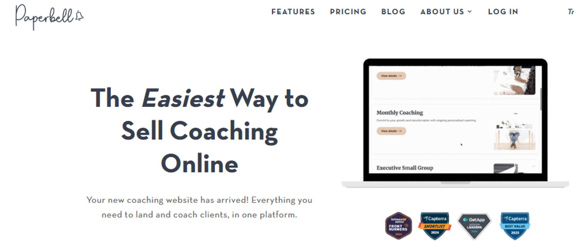 Paperbell coaching sales interface showing packaged coaching offers and award badges for simple online selling