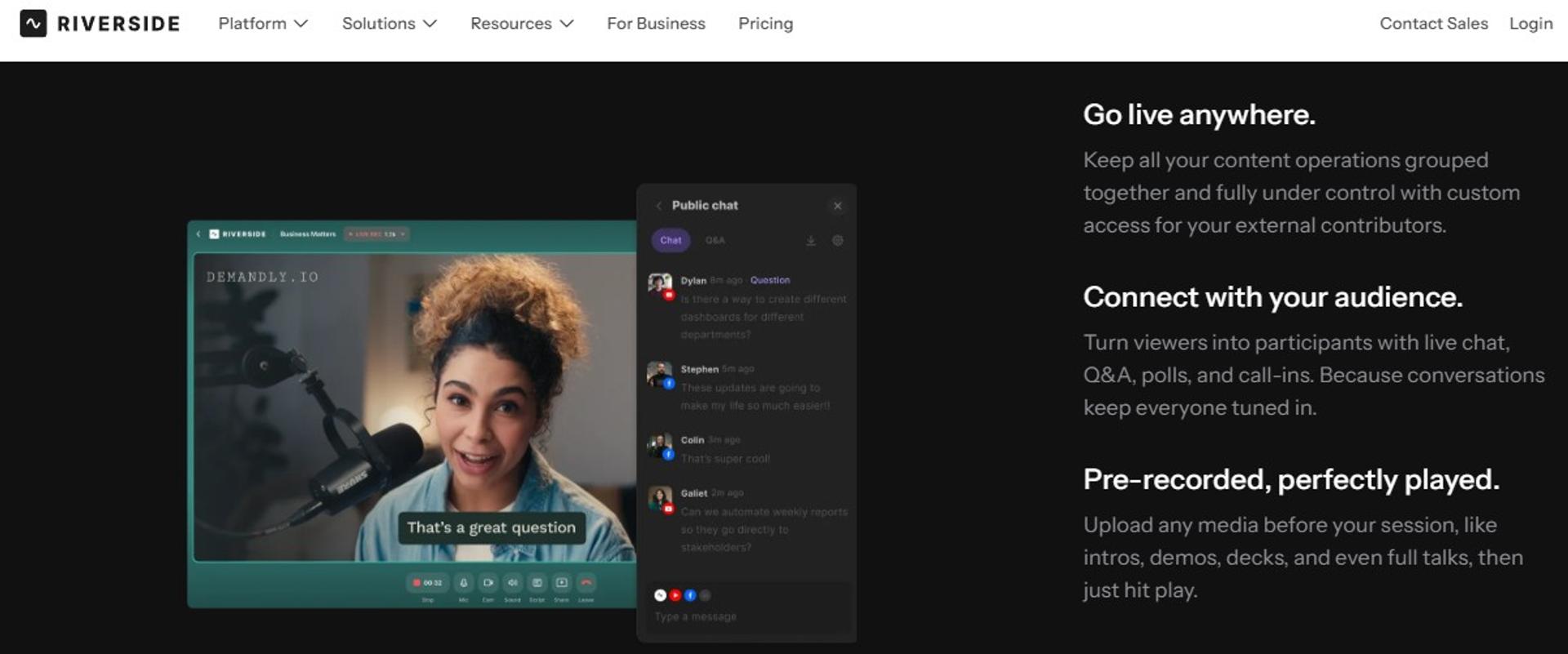 Riverside live studio with public chat, Q and A, polls, and pre-recorded media playback controls