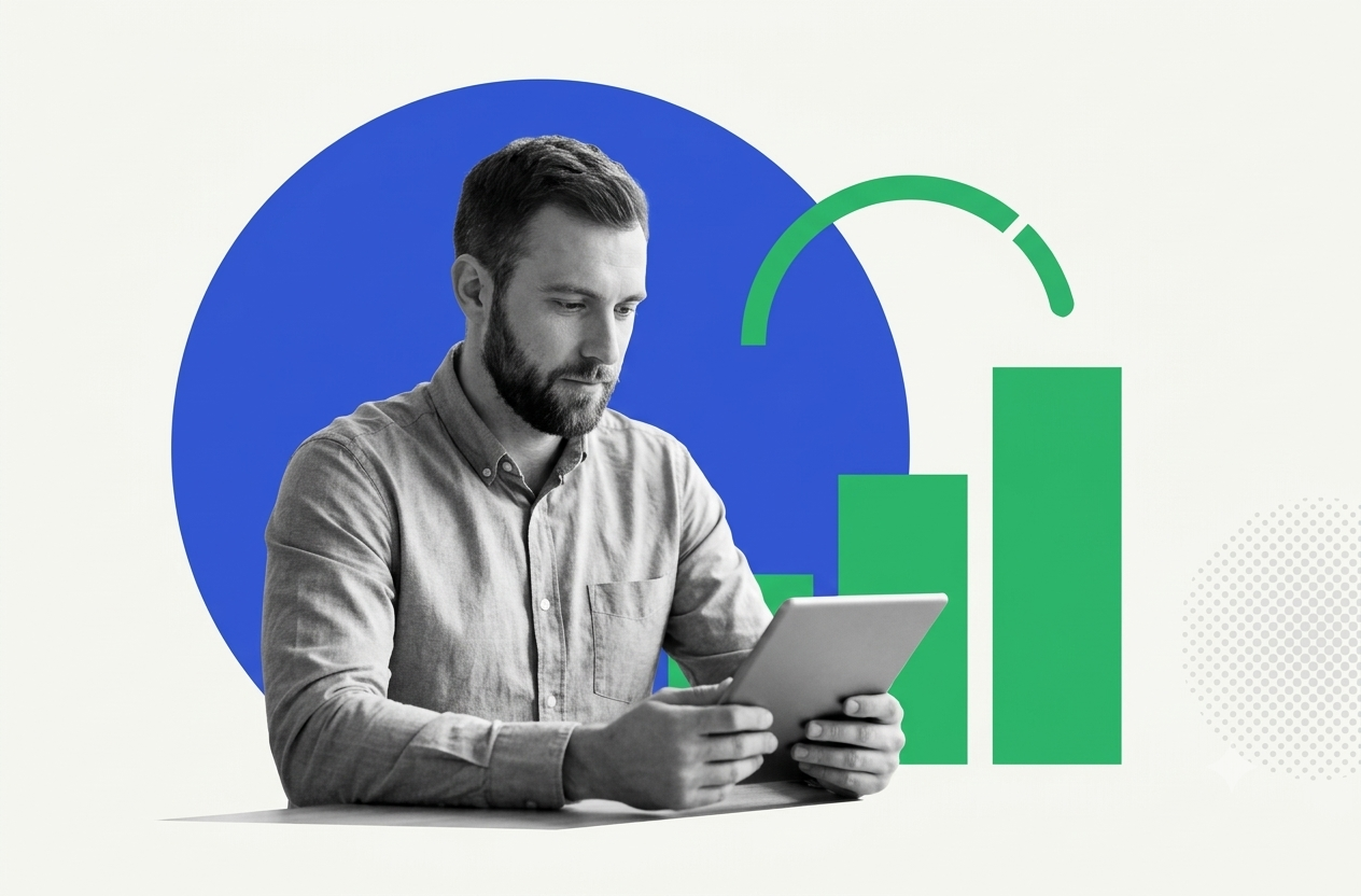 Creator reviewing influencer webinar performance metrics on a tablet with growth charts