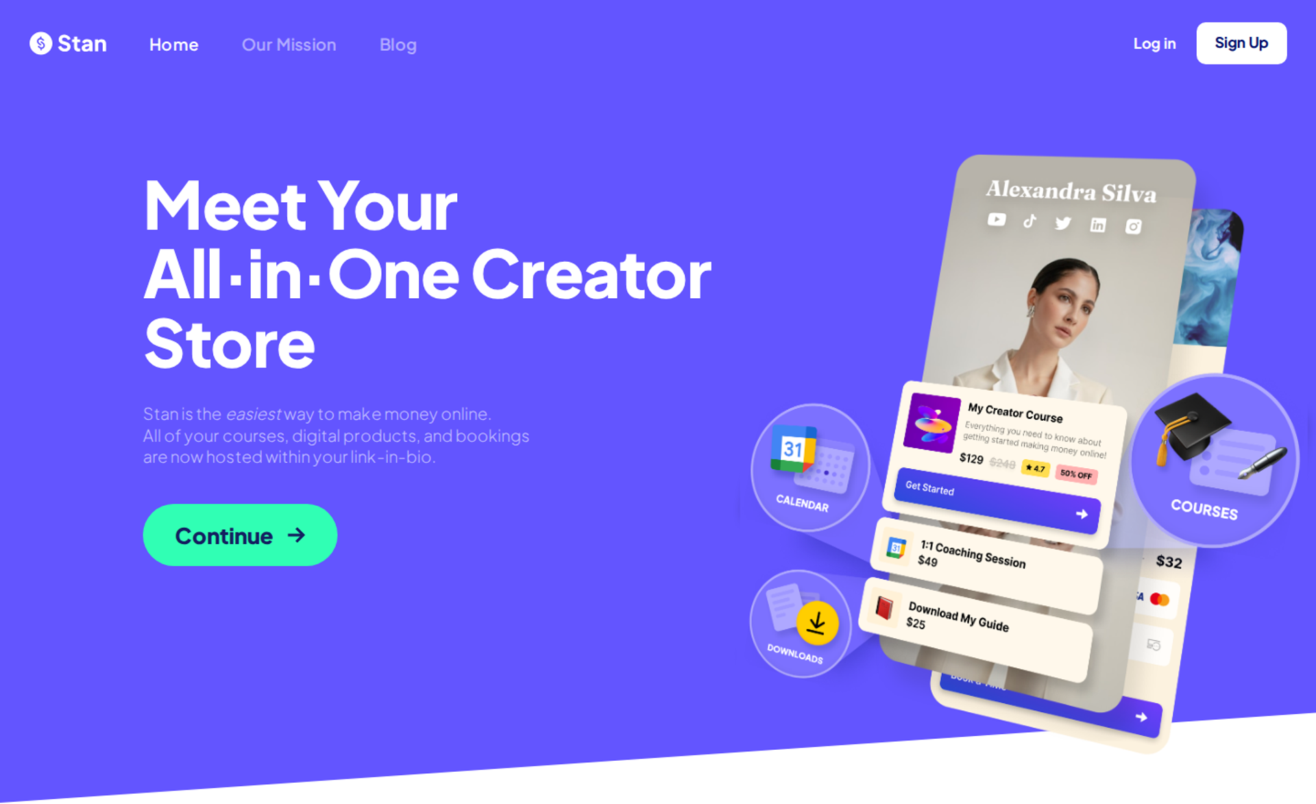 Stan Store headline beside a creator store mockup with course, coaching, and guide products