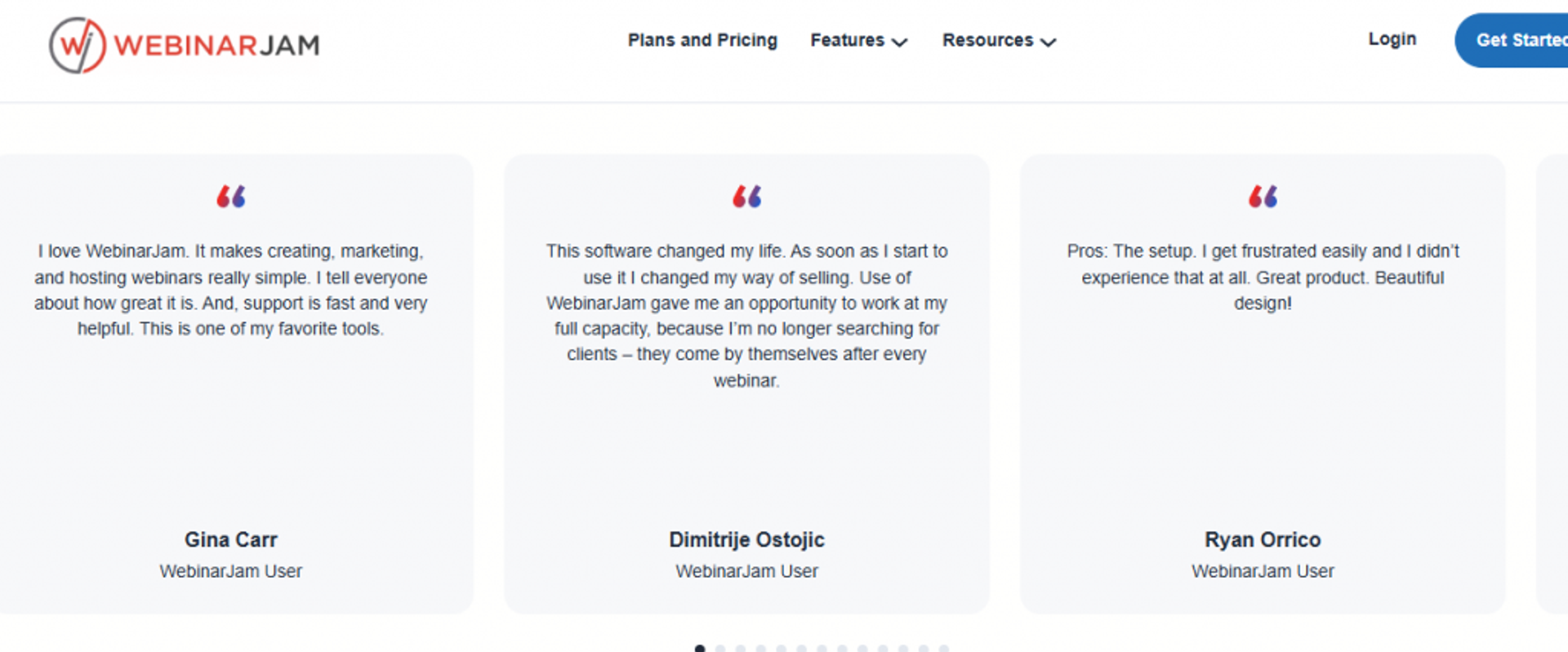 WebinarJam user testimonials praising simple setup, fast support, and stronger sales on the webinar platform
