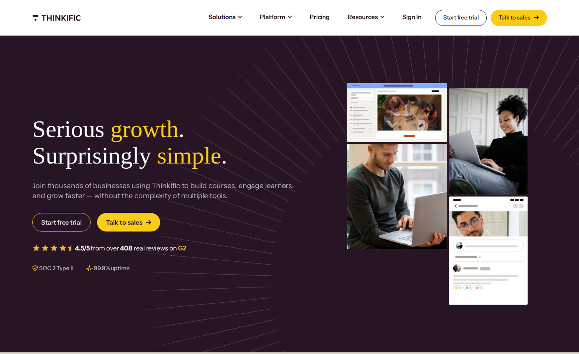 Thinkific homepage headline beside course platform screenshots and photos of learners at laptops