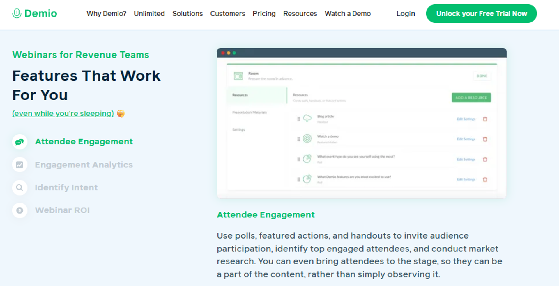 Demio attendee engagement features with polls, handouts, and featured actions for webinar registration and follow-up
