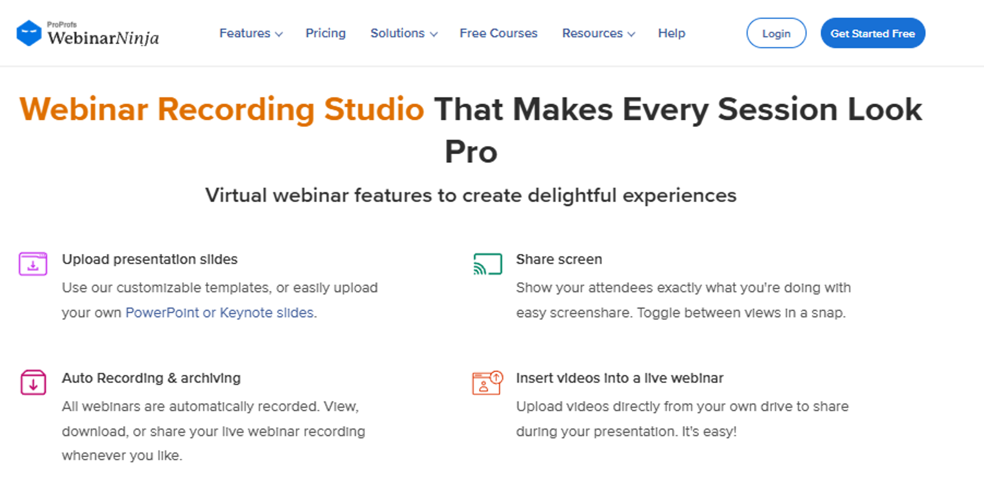 WebinarNinja recording studio page listing slide upload, screen share, auto recording, and video insert features