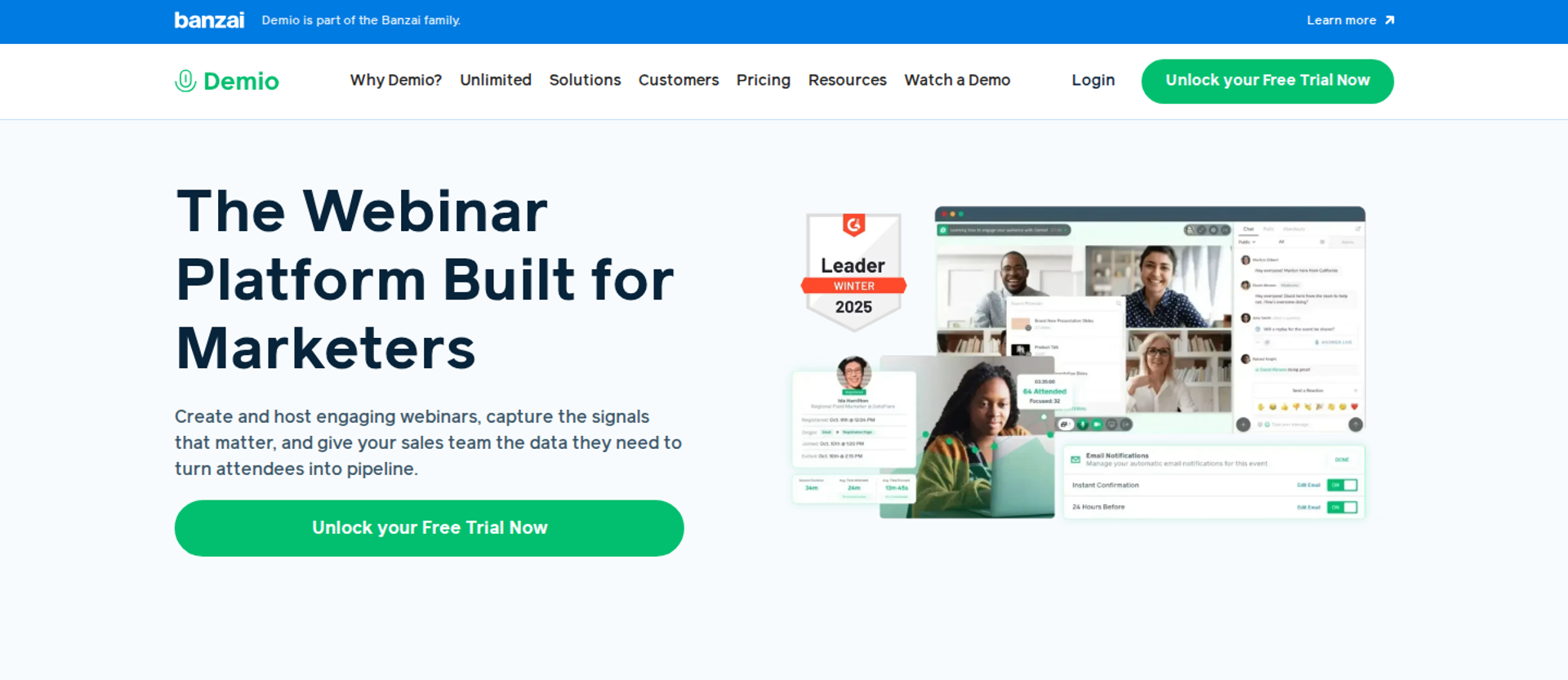 Demio homepage with headline on the left and webinar room with attendee videos and chat on the right