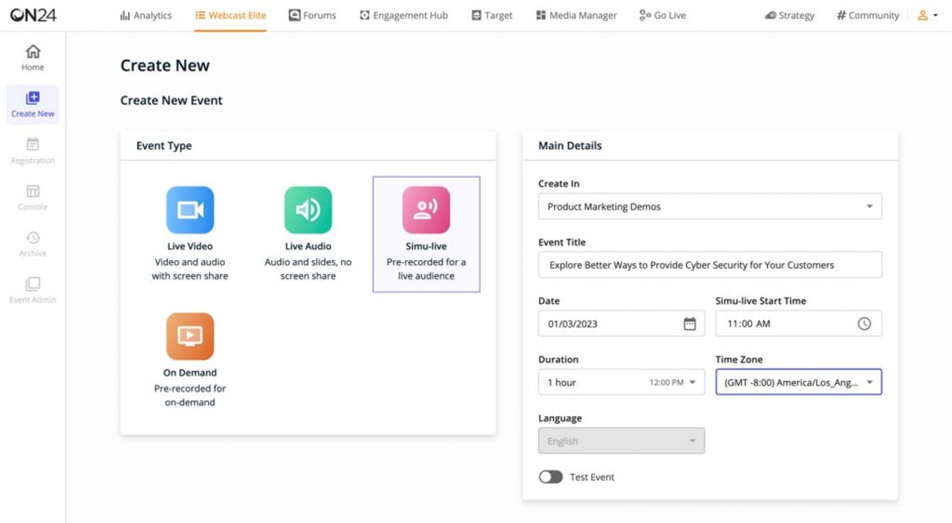 ON24 enterprise webcasting platform console with engagement analytics and Salesforce Marketo integrations for B2B demand generation teams.